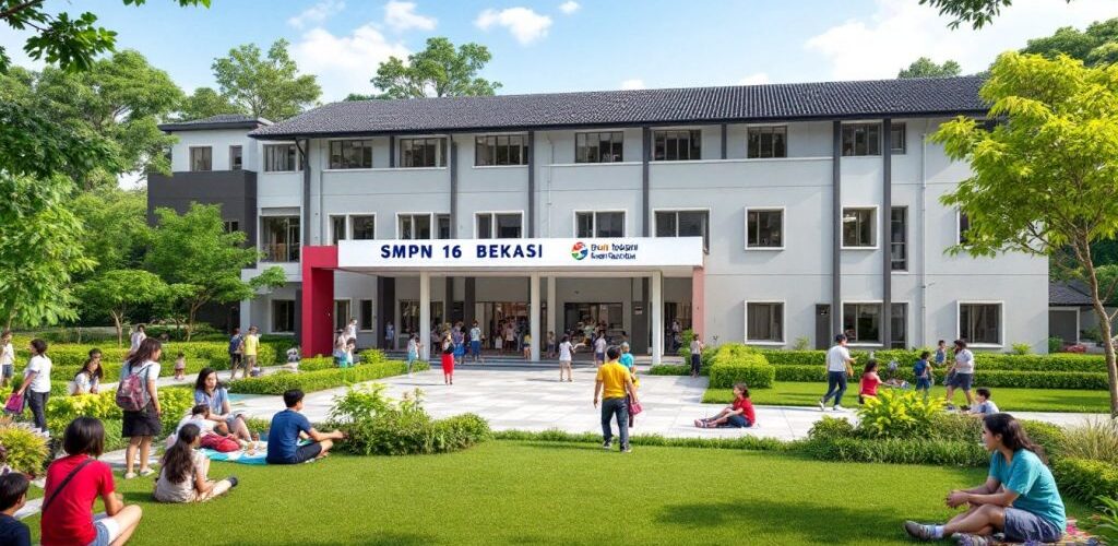 Sekolah SMPN 16 Bekasi dengan siswa beraktivitas.