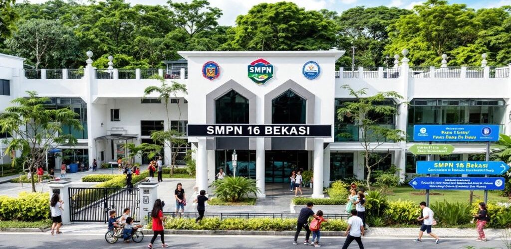 Foto SMPN 16 Bekasi dengan siswa dan lingkungan hijau.