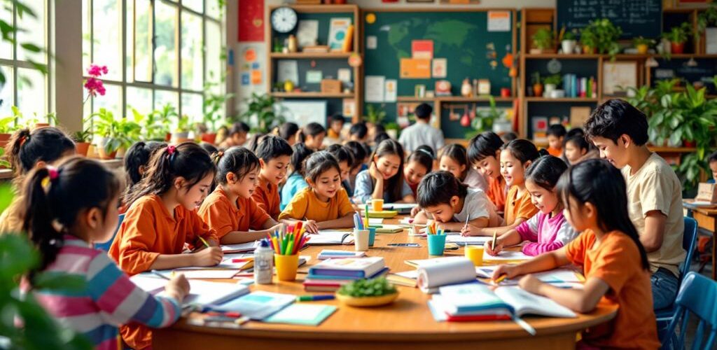 Siswa belajar di kelas dengan semangat dan kebersamaan.