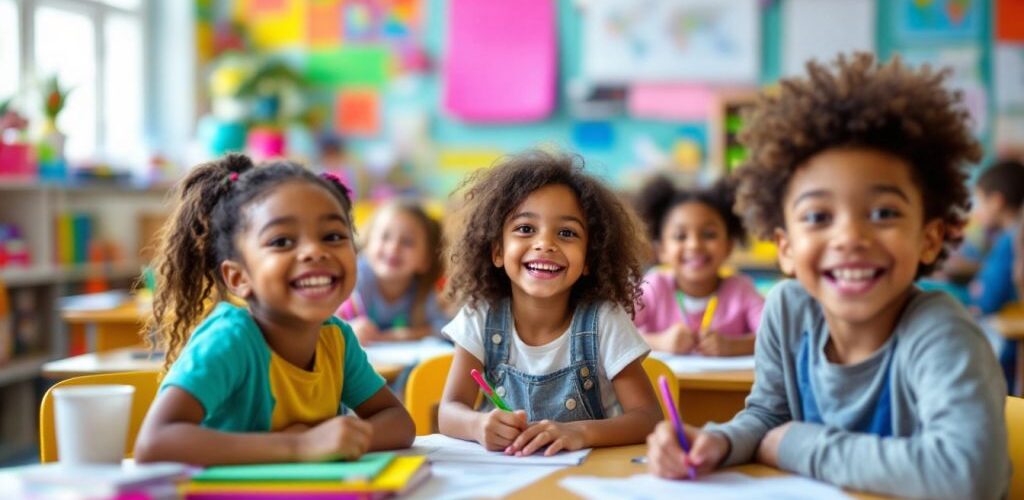 Kelas ceria dengan anak-anak belajar bersama.