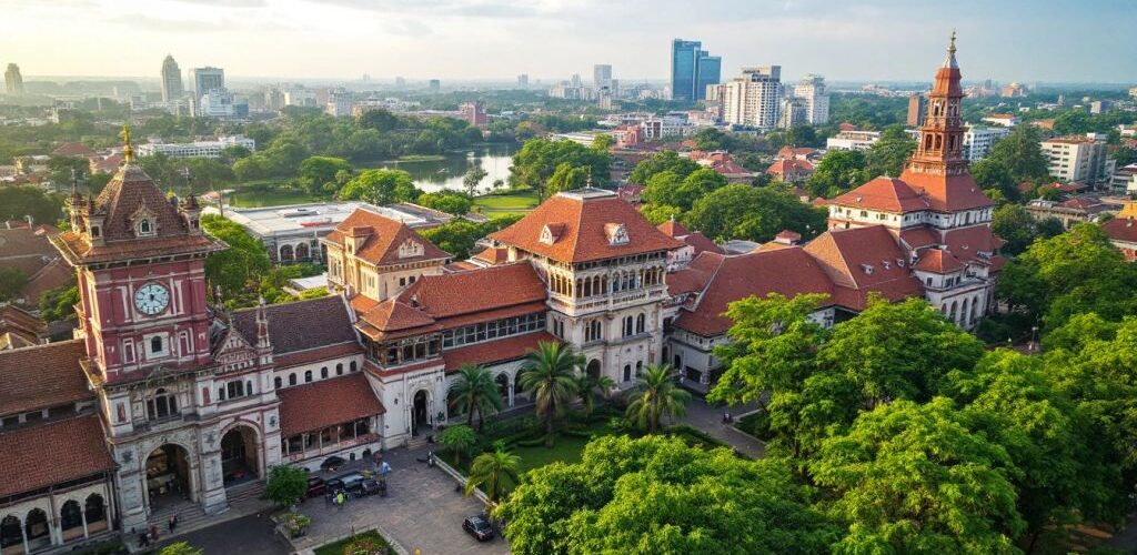 Pemandangan kota Bekasi dengan bangunan bersejarah dan taman.