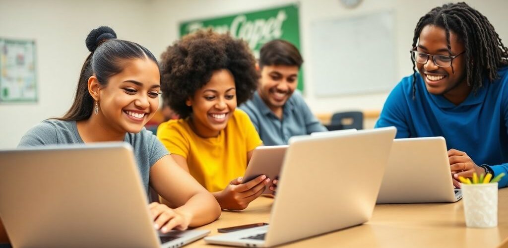 Siswa menggunakan laptop dan tablet di kelas.