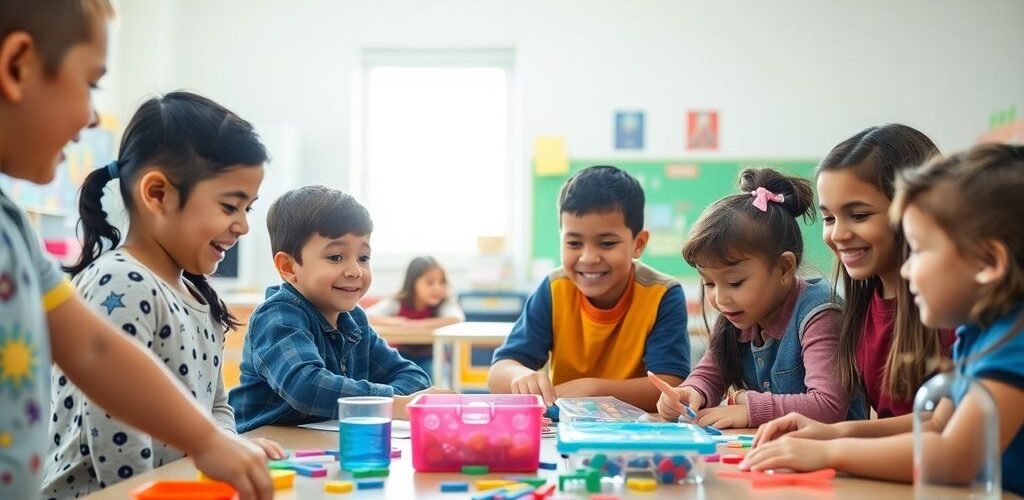 Kelas yang ceria dengan siswa belajar bersama dengan antusias.