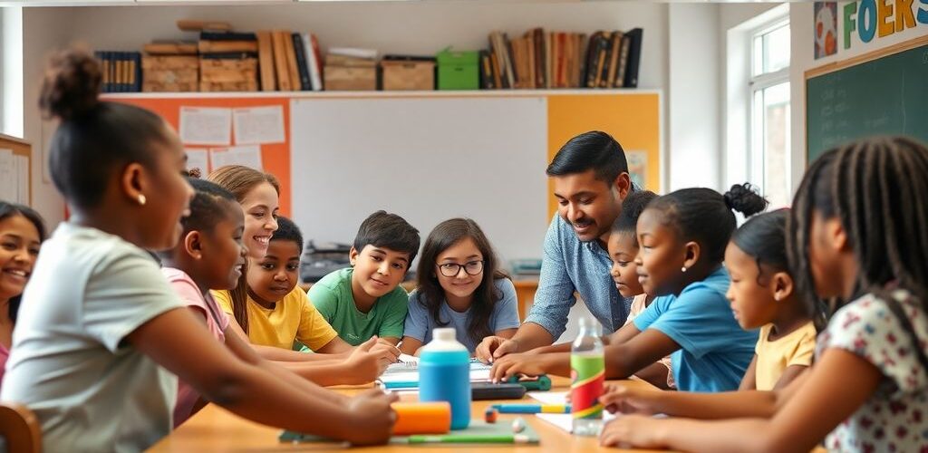 Kelas yang ceria dengan siswa dan guru yang berinteraksi.