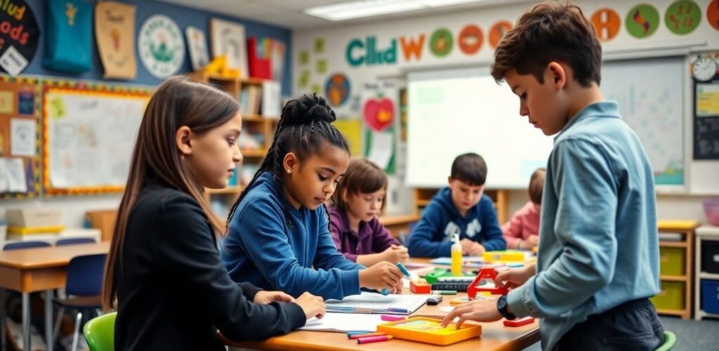 Kelas cerah dengan siswa bekerja sama dalam proyek.